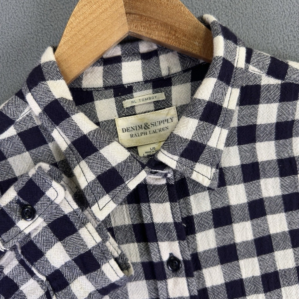Denim Supply Ralph Lauren Shirt Womens Large RL Tomboy Blue White Gingham Check
